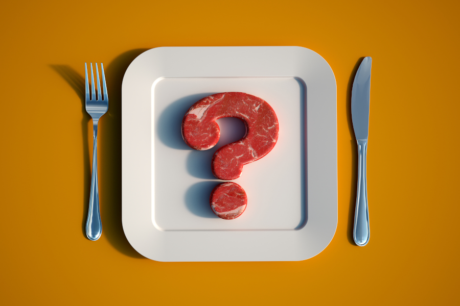 Illustration of raw meat in a question mark shape on a plate